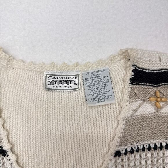 Vintage Sweater Vest Medium‎ Petite Linen Blend Cottagecore Button Front Beaded - Picture 6 of 9